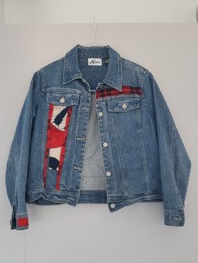 Women’s One Of A Kind Blue Denim Jean Jacket with Red Plaid Accents